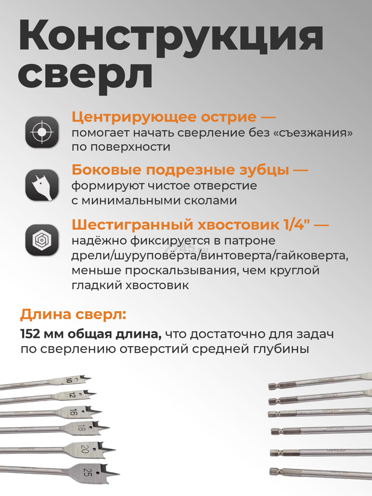 Набор сверл по дереву перьевых 8 штук GEPARD (GP0415-8) - Фото 3