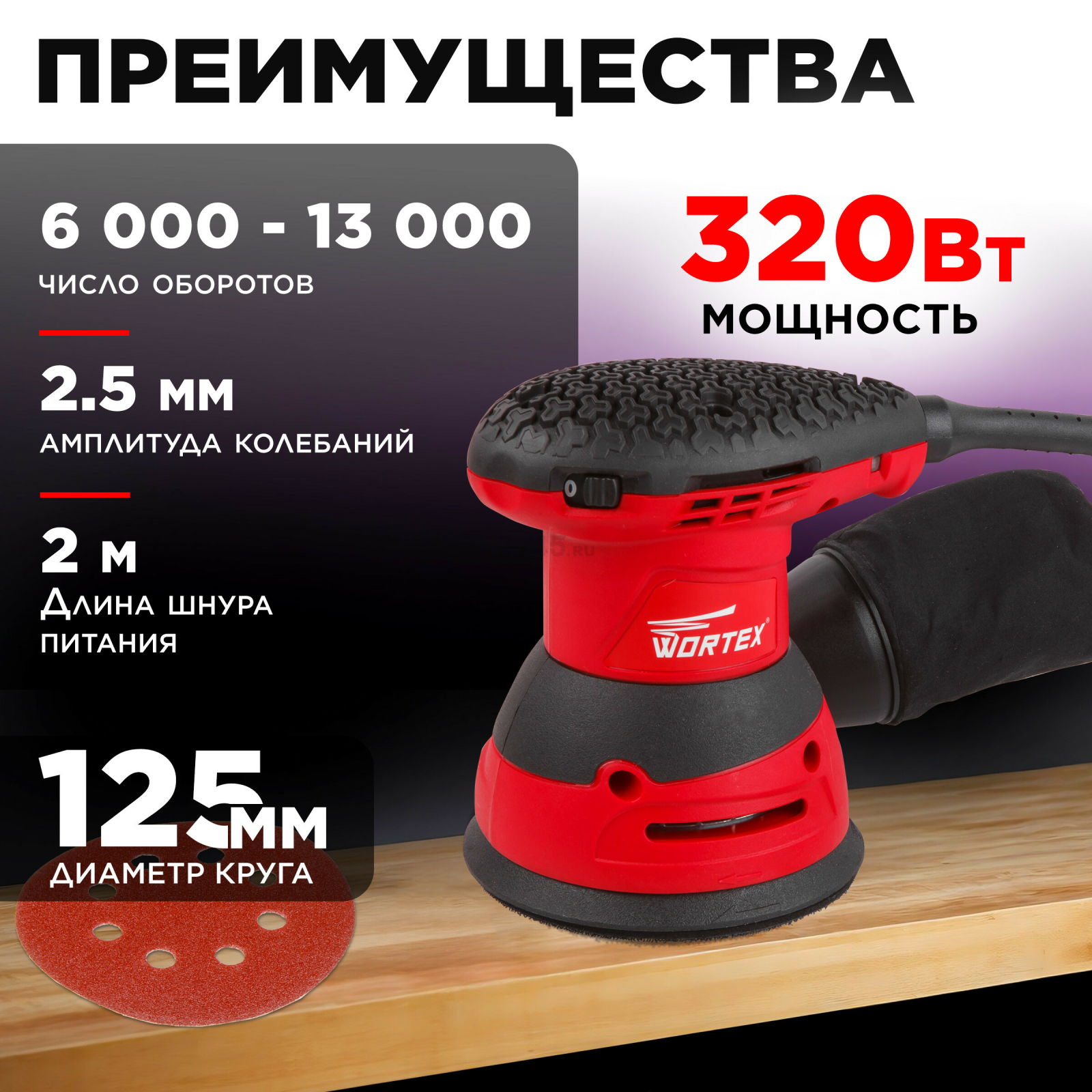 Шлифмашина эксцентриковая (орбитальная) WORTEX RS 1235 E (RS1235E01319) - Фото 3