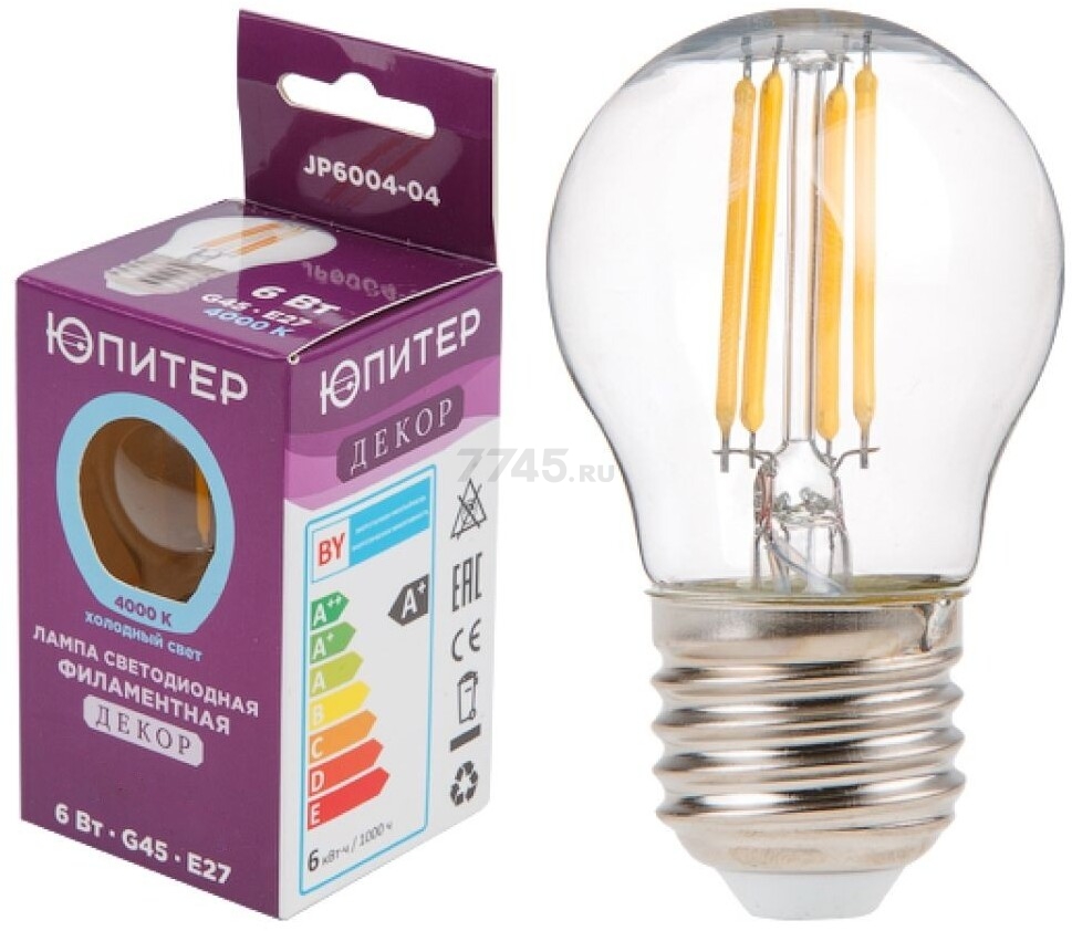 Лампа светодиодная филаментная E27 ЮПИТЕР G45 6 Вт 4000К (JP6004-04) - Фото 2