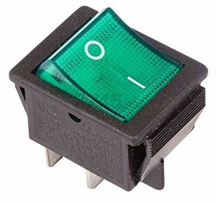 Выключатель клавишный 250V 16А ON-OFF зеленый с подсветкой REXANT (06-0304-B)