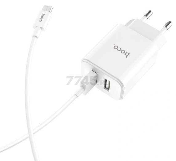 Сетевое зарядное устройство HOCO C62A Victoria Dual Port Charger USB 2.1A с кабелем microUSB (EU) белый