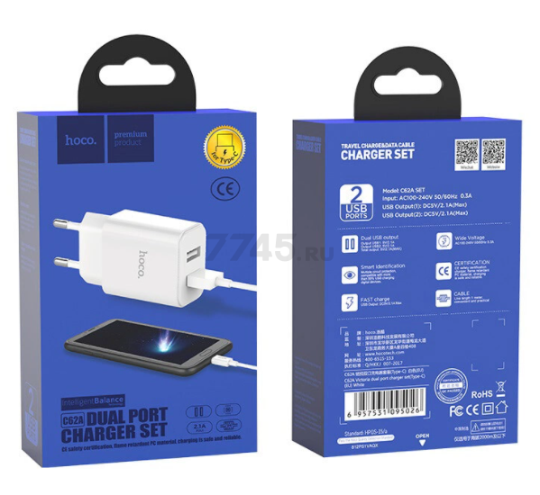 Сетевое зарядное устройство HOCO C62A Victoria Dual Port Charger USB 2.1A с кабелем USB-C (EU) белый - Фото 3