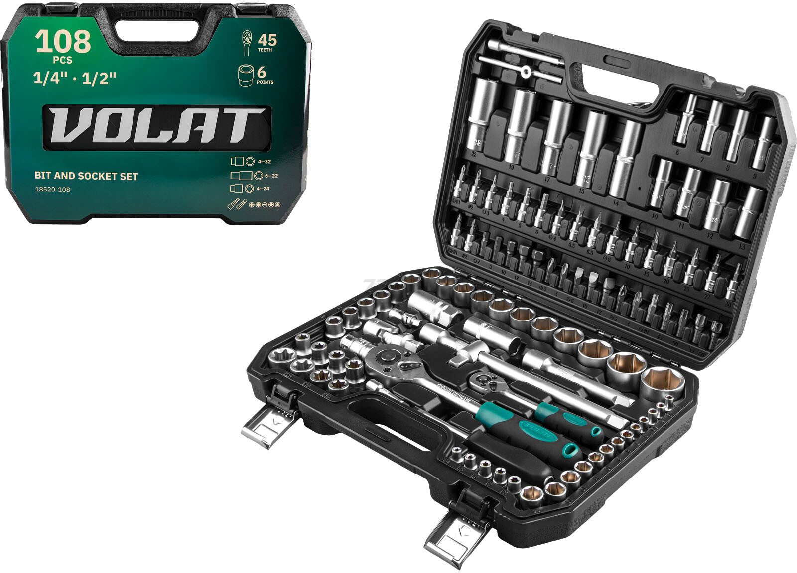 Набор инструментов 1/4", 1/2" 6 граней 108 предметов ВОЛАТ (18520-108) - Фото 2