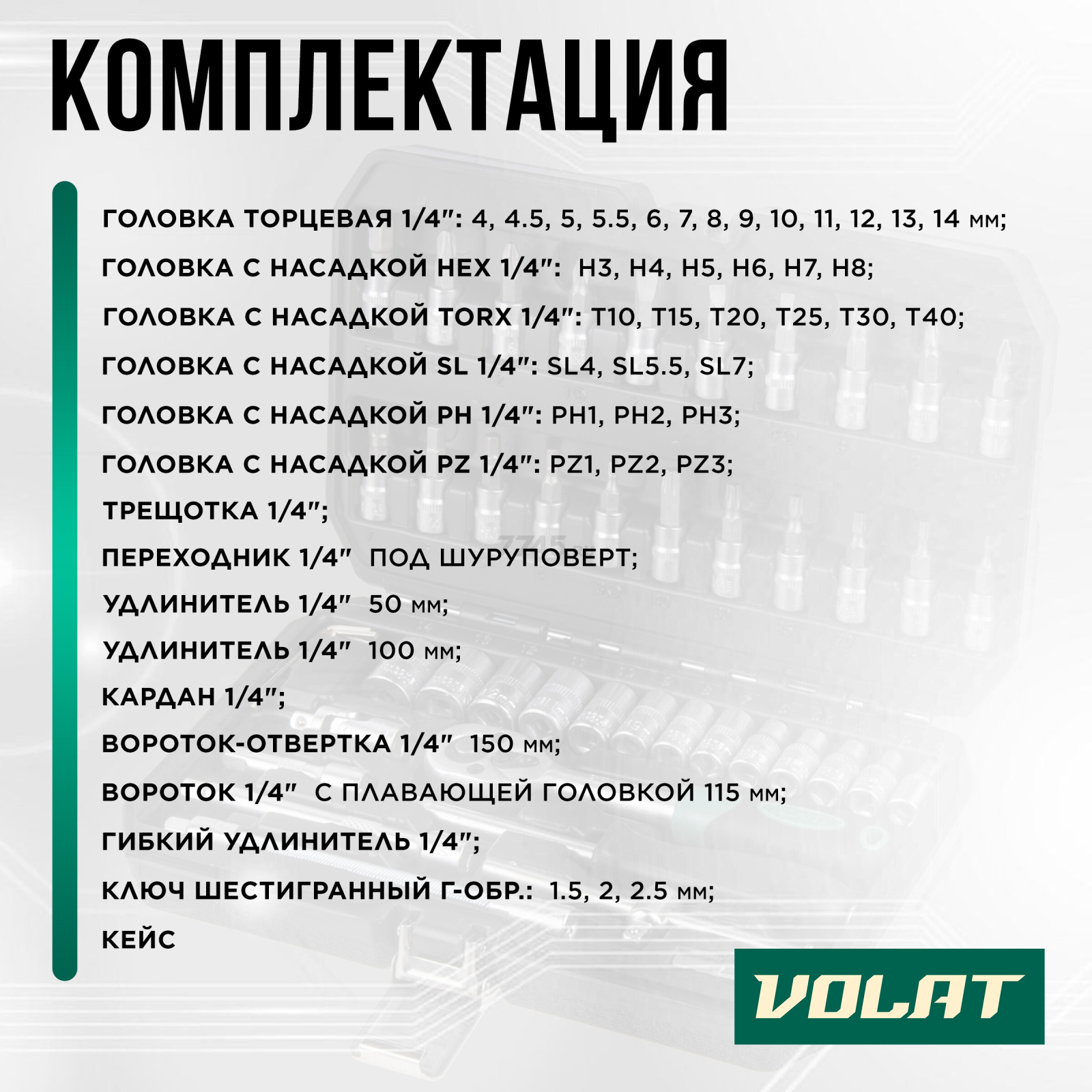 Набор инструментов 1/4" 6 граней 46 предметов ВОЛАТ (18550-46) - Фото 4