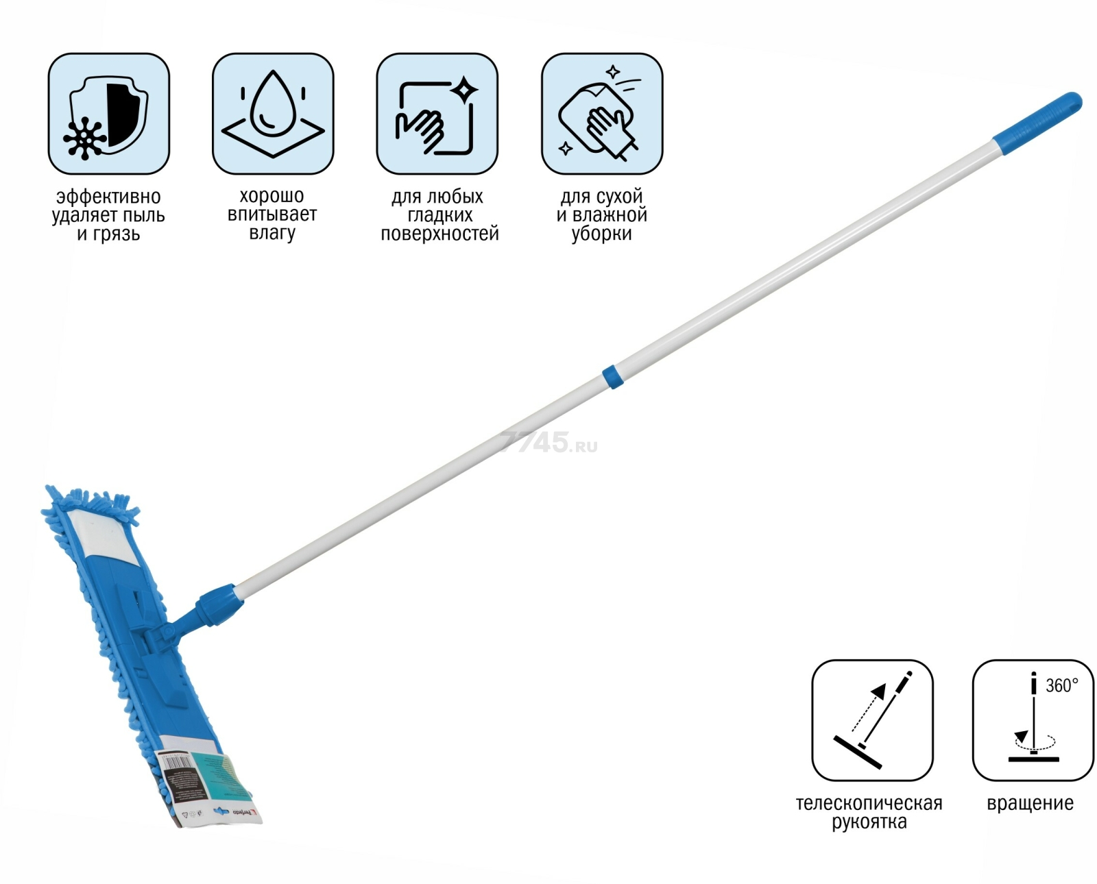 Швабра для пола PERFECTO LINEA с насадкой из шенилла синяя (43-401012) - Фото 2