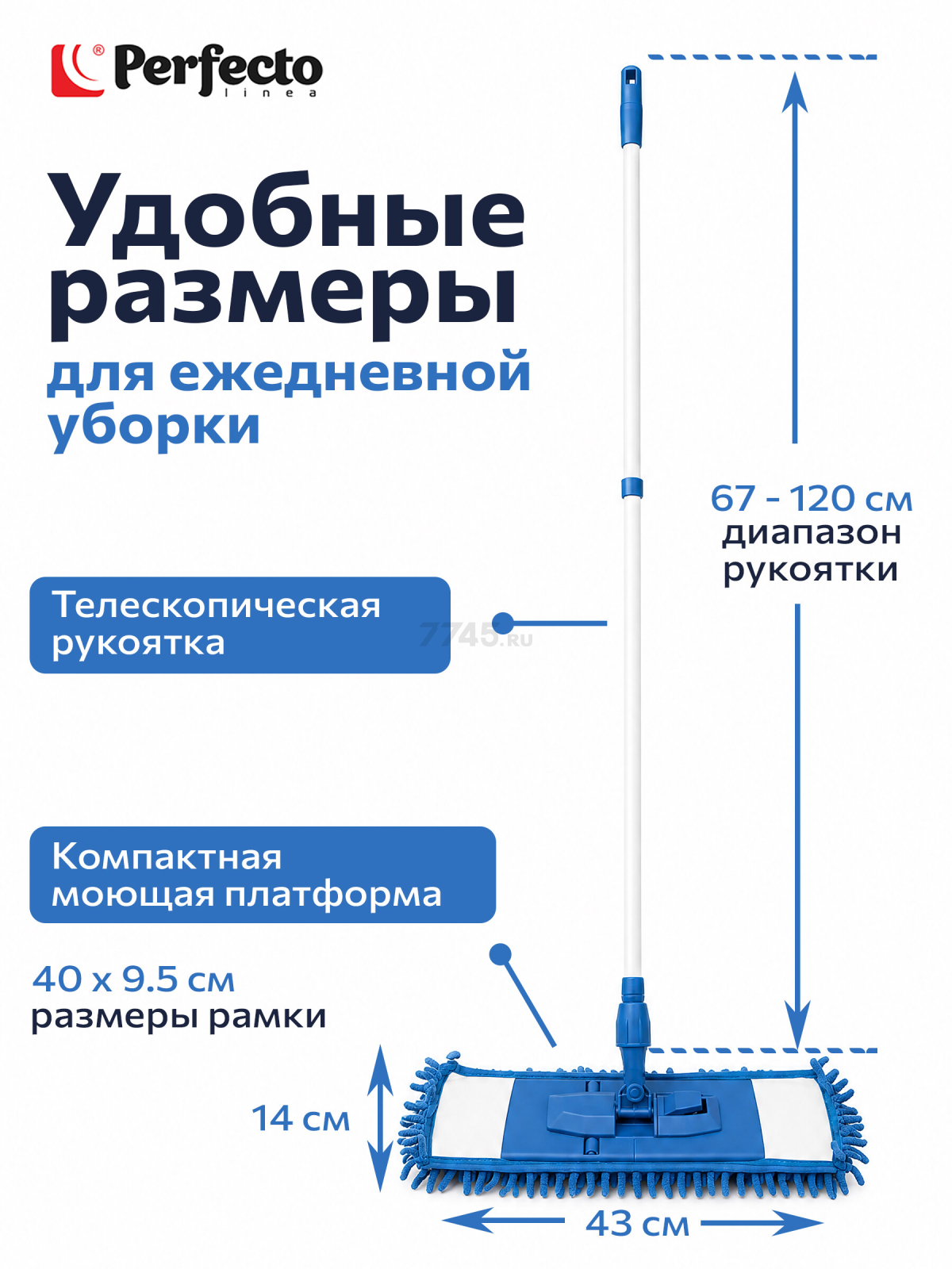 Швабра для пола PERFECTO LINEA с насадкой из шенилла синяя (43-401012) - Фото 2