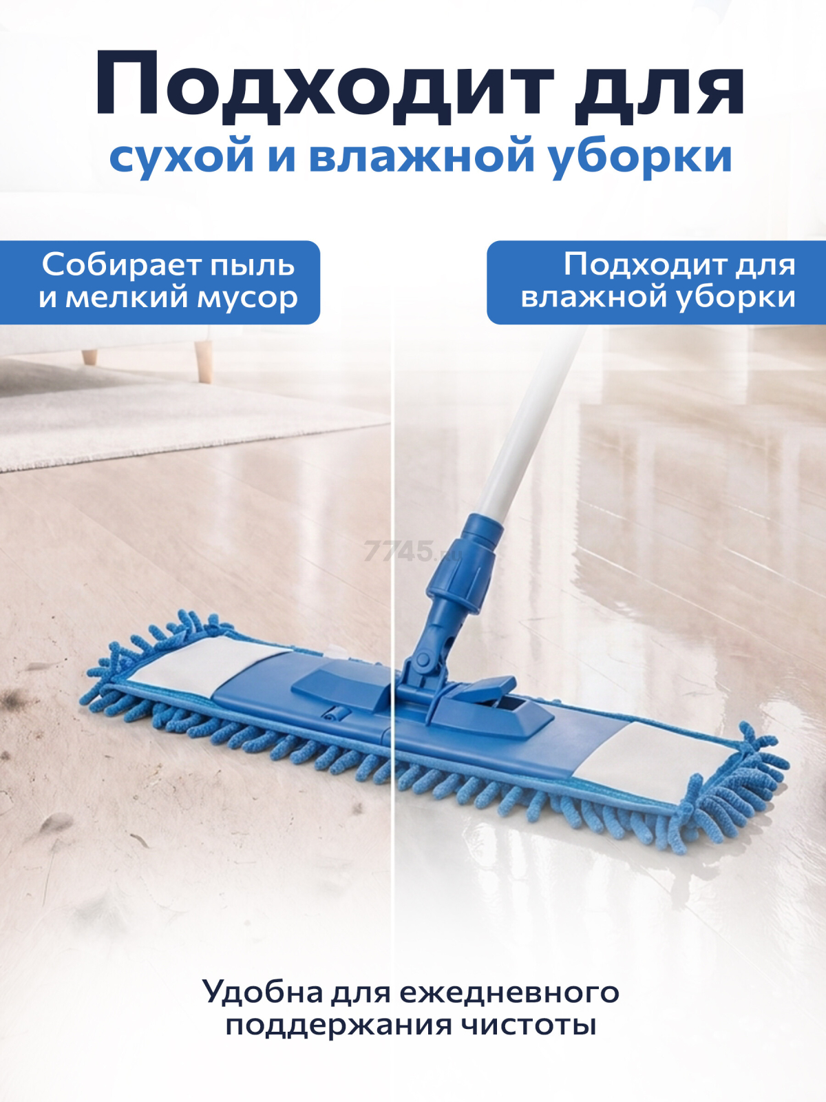 Швабра для пола PERFECTO LINEA с насадкой из шенилла синяя (43-401012) - Фото 4
