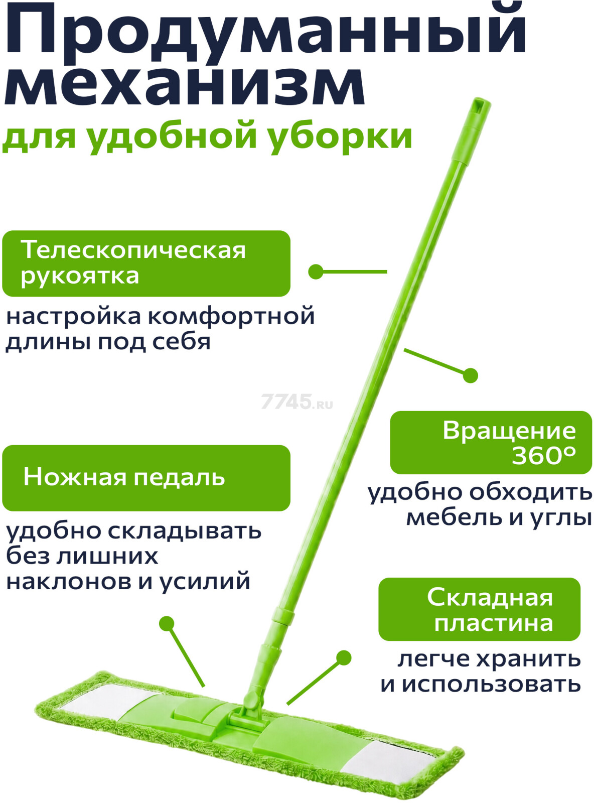 Швабра для пола PERFECTO LINEA Solid с насадкой из микрофибры зеленая (43-492023) - Фото 3