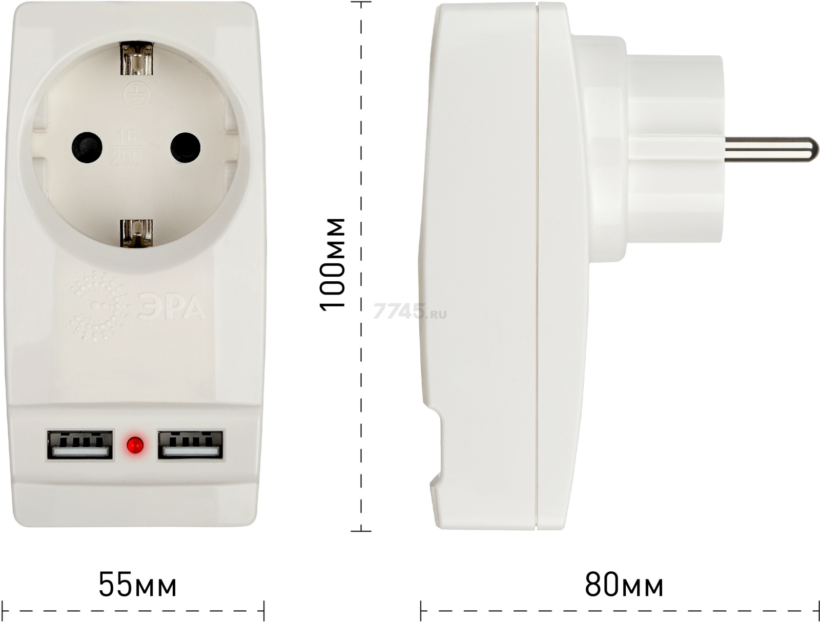 Переходник для розетки ЭРА Polynom SP-1e-USB-W с заземлением белый (Б0026332) - Фото 3