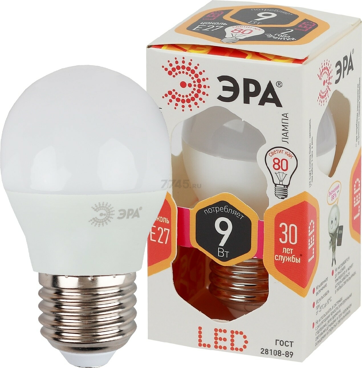 Лампа светодиодная E27 ЭРА STD LED P45 9 Вт 2700К (Б0029043)