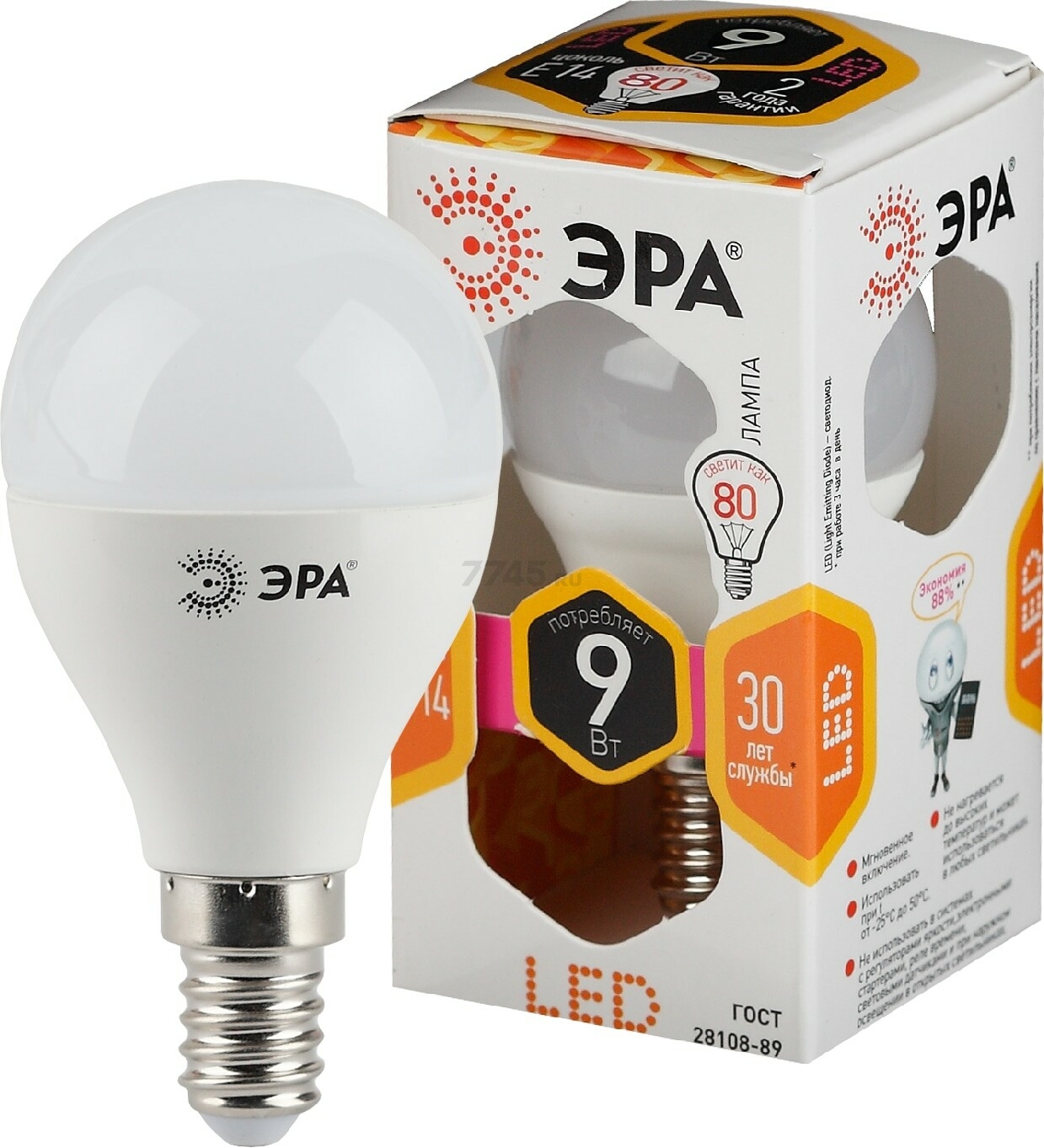 Лампа светодиодная E14 ЭРА STD LED P45 9 Вт 2700К (Б0029041)