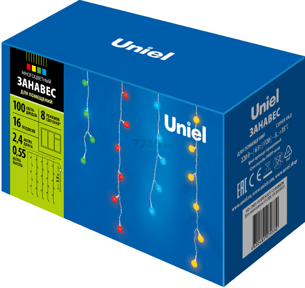 Гирлянда новогодняя светодиодная UNIEL ULD-E2405-100/DTA MULTI IP20 RAINBOW Занавес 2,4х0,55 м 100 диодов мультиколор (11130) - Фото 2