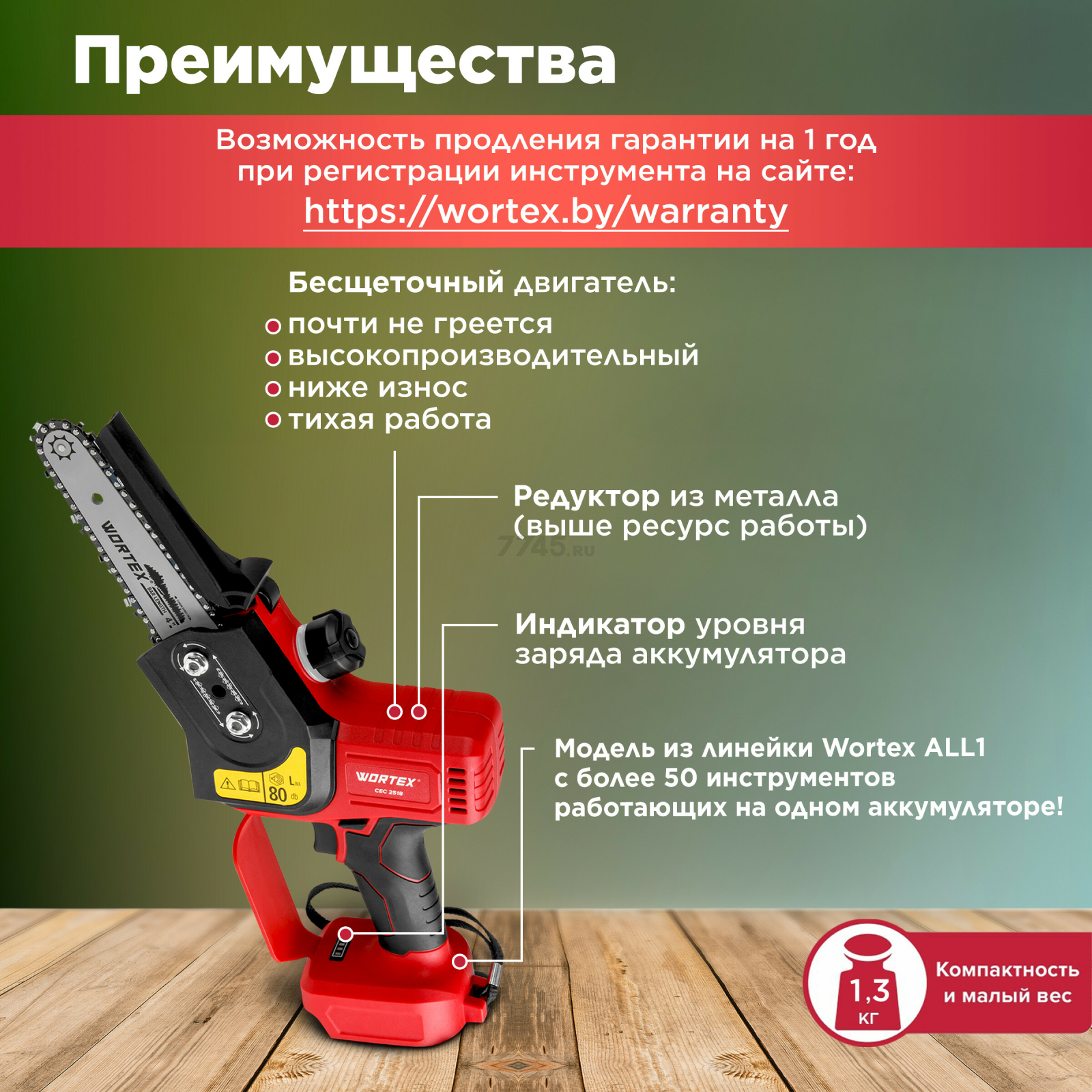 Пила цепная аккумуляторная WORTEX CEC 2518 XLT SOLO (0323166) - Фото 2