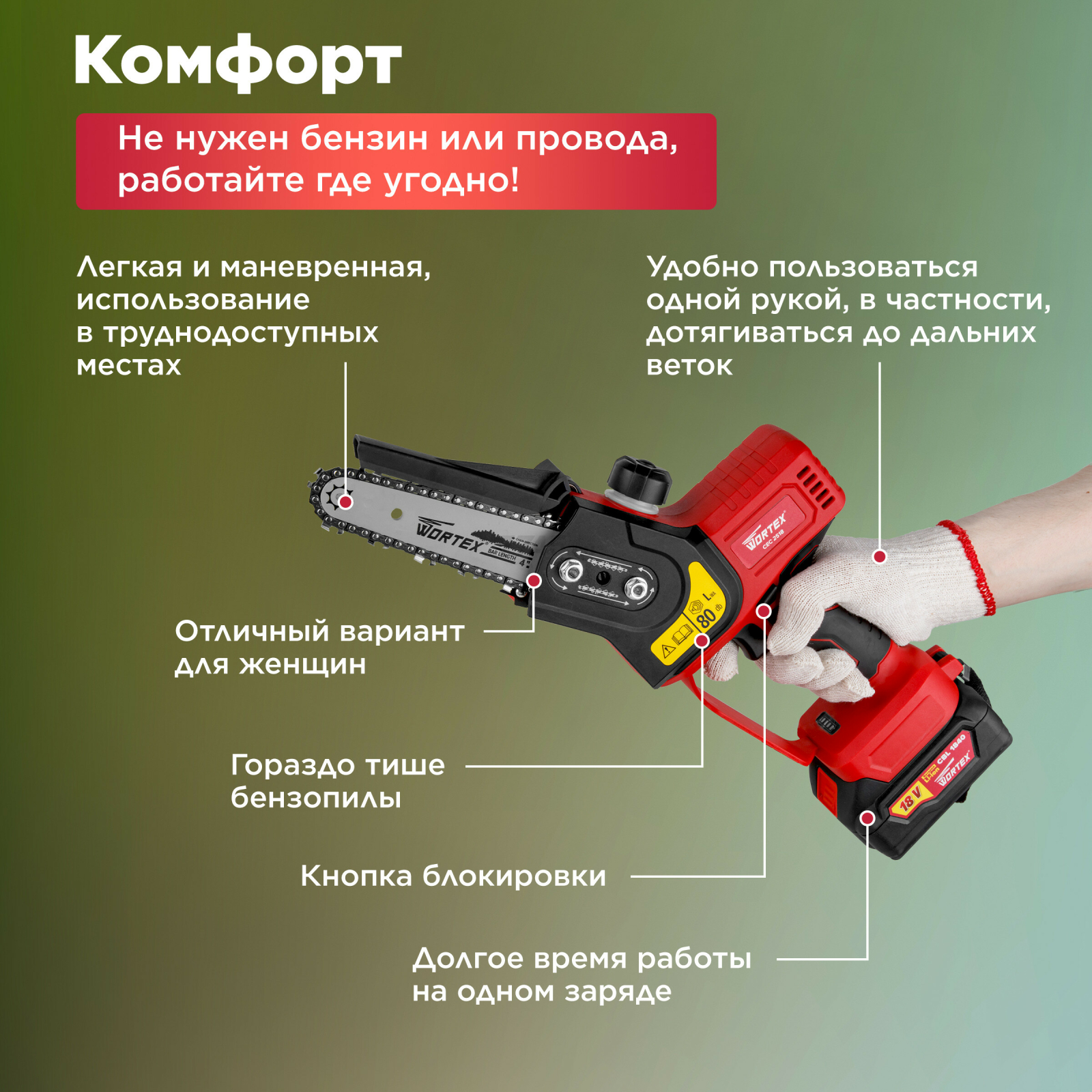 Пила цепная аккумуляторная WORTEX CEC 2518 XLT SET (0323167) - Фото 4