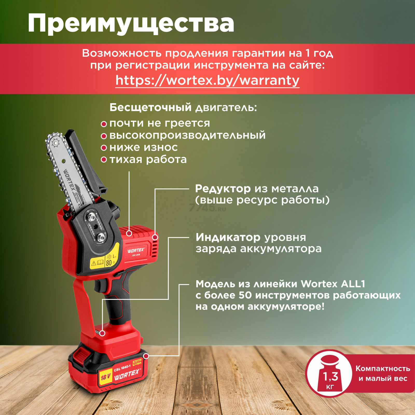 Пила цепная аккумуляторная WORTEX CEC 2518 XLT SET (0323167) - Фото 2