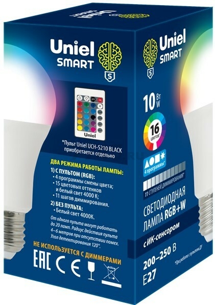 Лампа светодиодная RGB с ИК сенсором E27 UNIEL A60 10 Вт (UL-00006530) - Фото 2