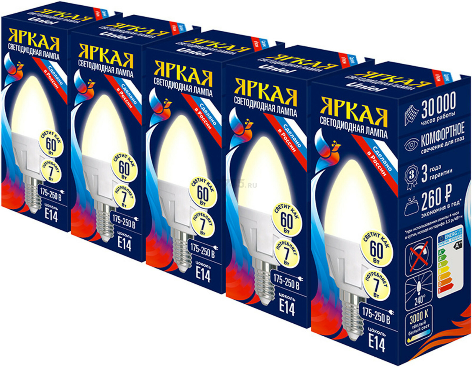 Лампа светодиодная E14 UNIEL Яркая C37 7 Вт 3000K 5 штук (UL-00008089)
