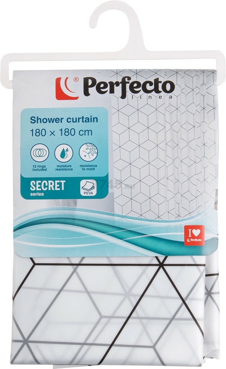 Штора для ванной комнаты 180х180 с кольцами PERFECTO LINEA Secret геометрия белая (36-118001) - Фото 3
