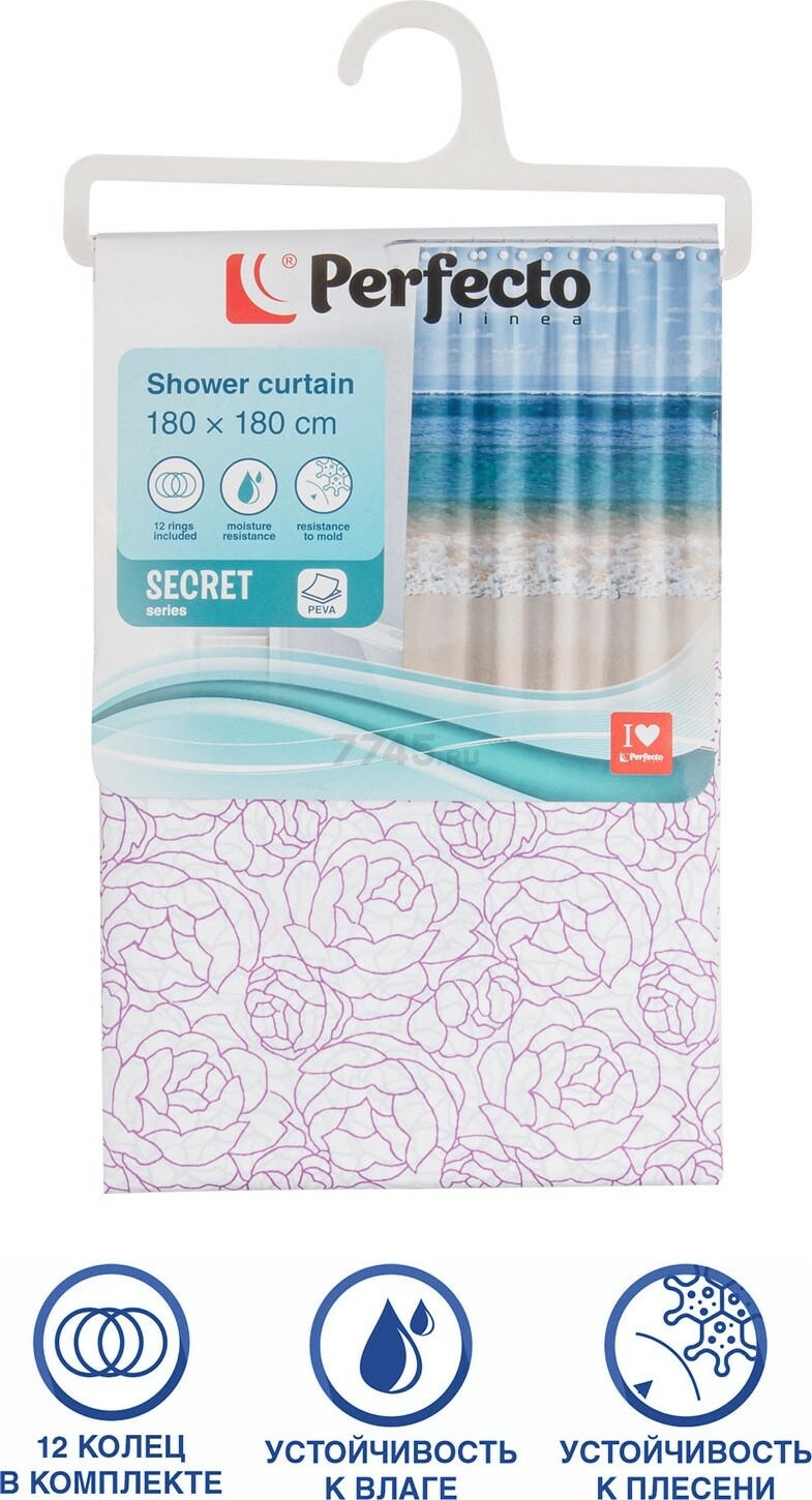 Штора для ванной комнаты 180х180 с кольцами PERFECTO LINEA Secret розы (36-118108) - Фото 4