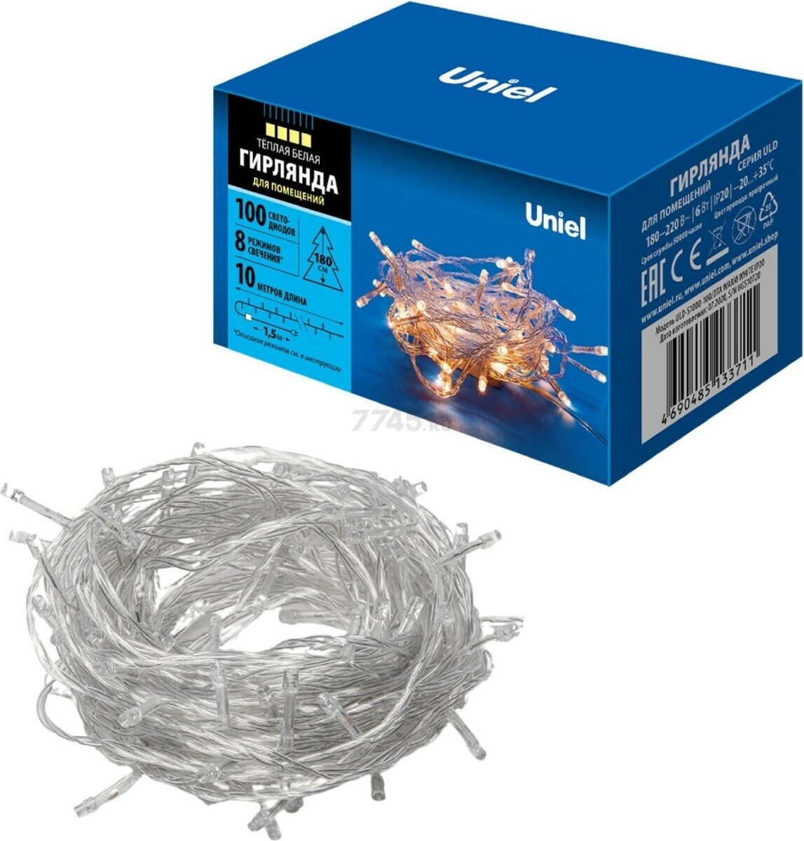 Гирлянда новогодняя светодиодная UNIEL ULD-S1000-100/DTA WARM WHITE IP20 10 м 100 диодов теплый белый - Фото 5