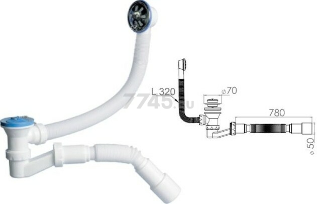 Сифон для ванны выпуск 70 мм гибкая труба 40х40/50 AV ENGINEERING (AVE129731)