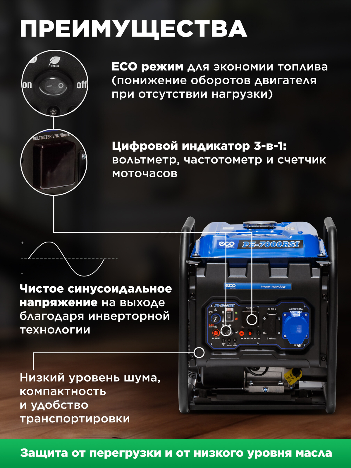 Генератор инверторный бензиновый ECO PE-7000RSI (EC1563-9) - Фото 2