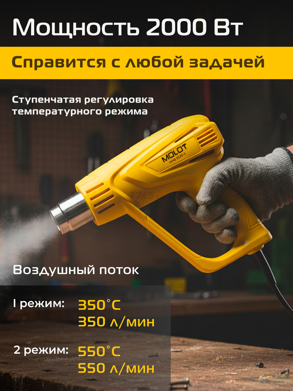 Фен строительный (термовоздуходувка) MOLOT MHG 5120-1 (0334326) - Фото 3