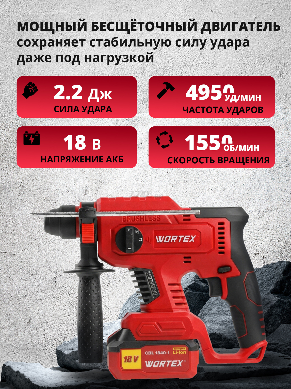 Перфоратор аккумуляторный WORTEX CRH 1820-2 XLT SET (0329283) - Фото 2