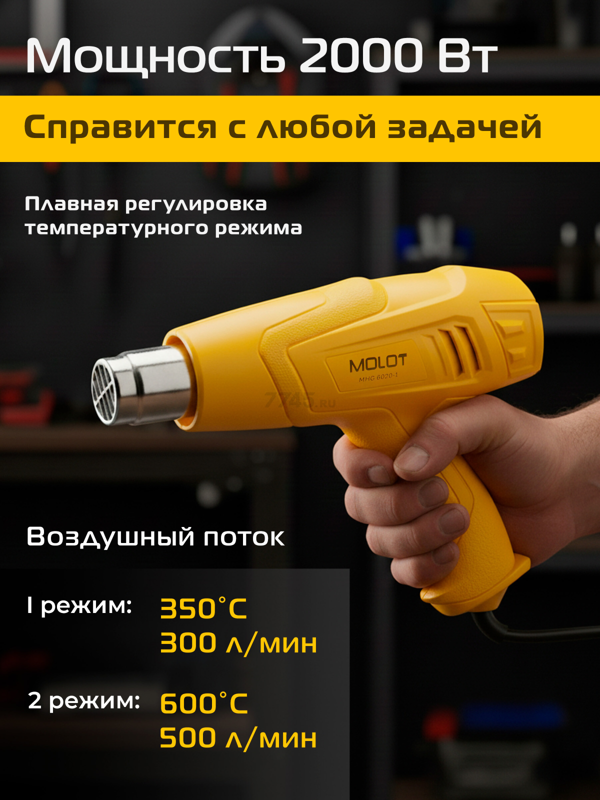 Фен строительный (термовоздуходувка) MOLOT MHG 6020-1 (0334325) - Фото 3