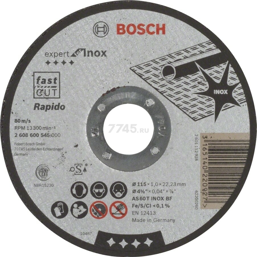 Круг отрезной 115х1,0x22,2 мм BOSCH Expert for Inox (2608600545)