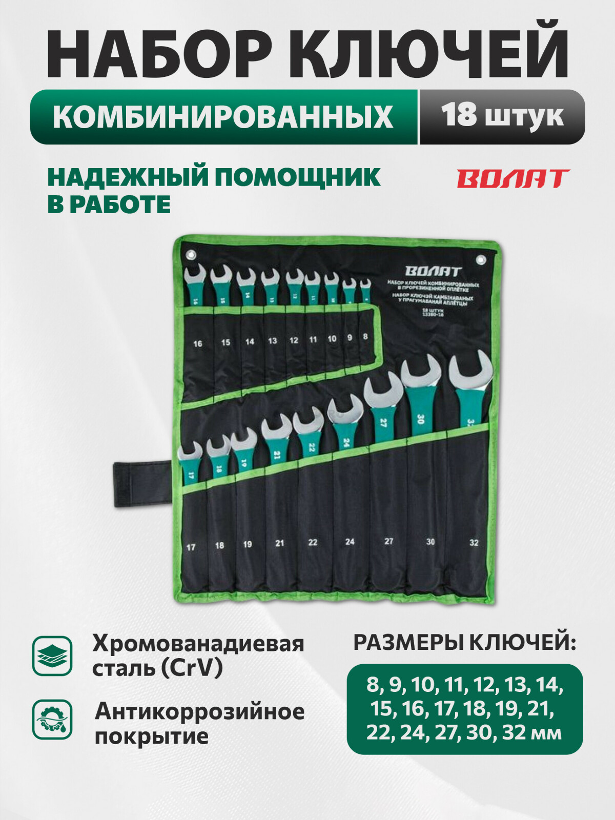 Набор ключей комбинированных 8-32 мм 18 предметов ВОЛАТ (13380-18)