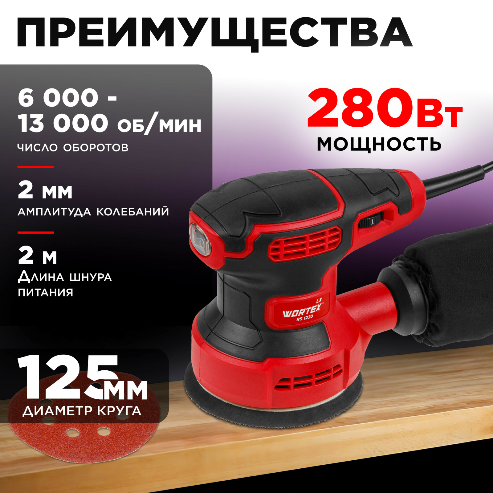 Шлифмашина эксцентриковая (орбитальная) WORTEX LX RS 1230 (1334376) - Фото 3