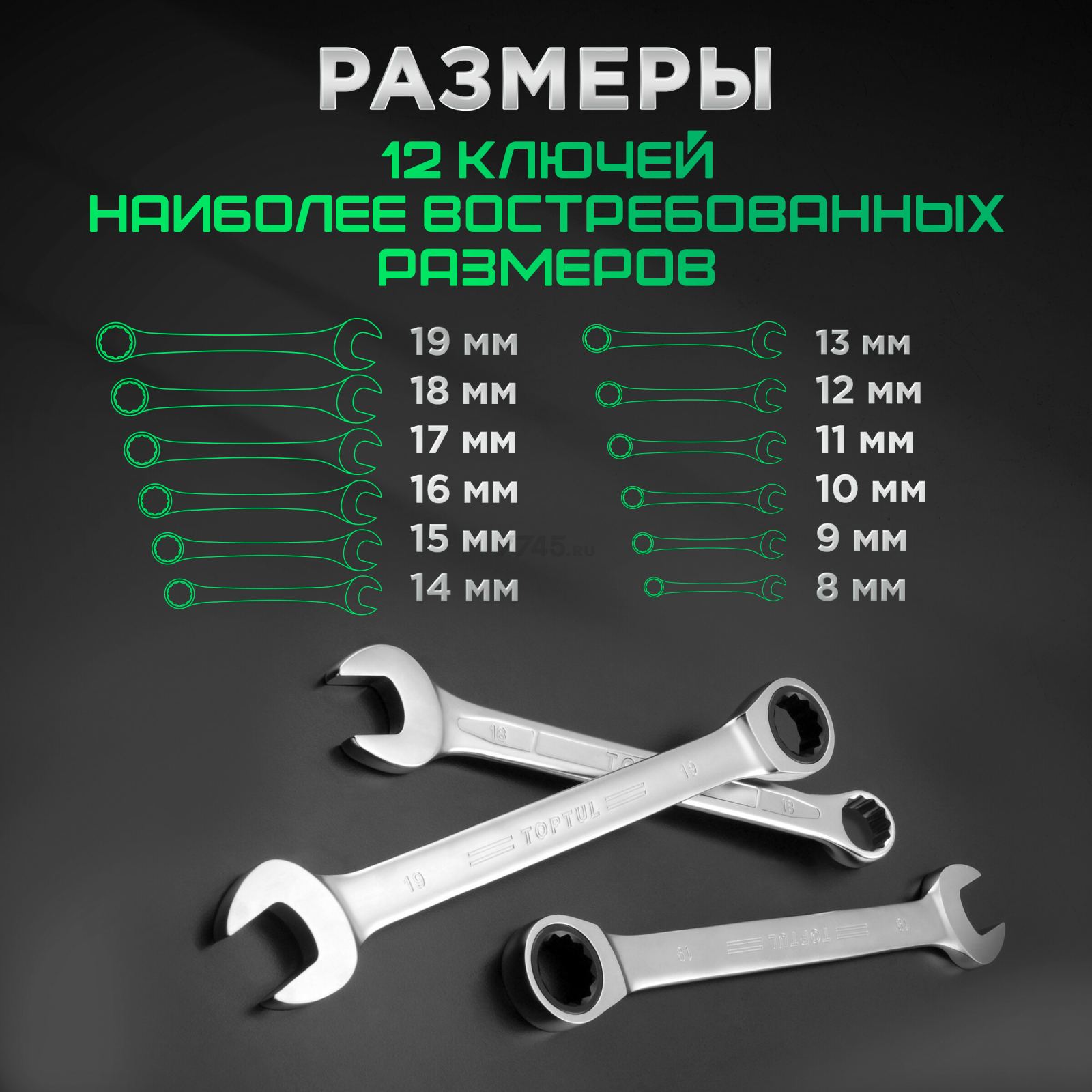 Набор ключей комбинированных 8-19 мм 12 предметов с трещоткой TOPTUL (GPAQ1202) - Фото 3