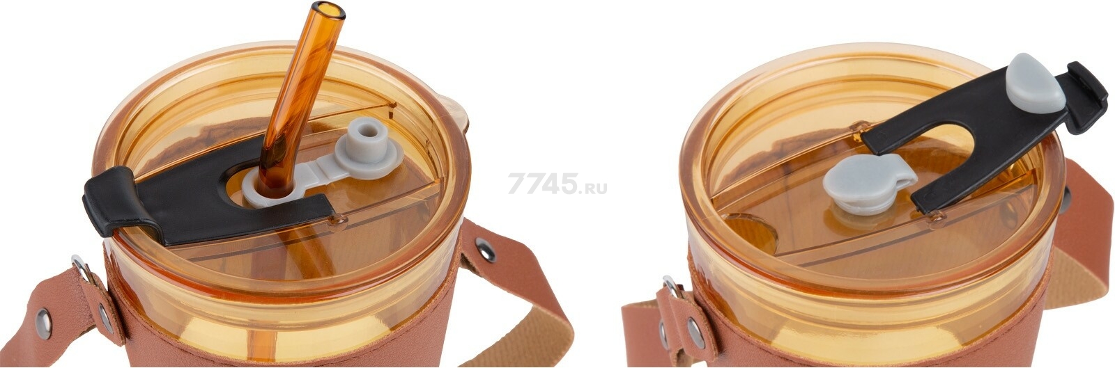 Стакан стеклянный для напитков с трубочкой, капхолдером и ремешком PERFECTO LINEA Amber 450 мл (31-450201) - Фото 2