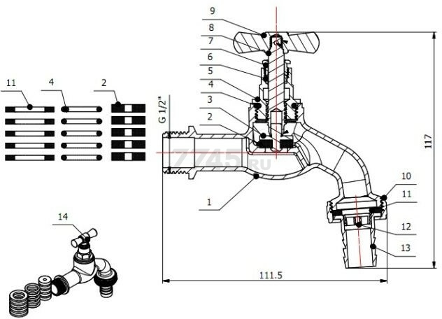 Кран водоразборный 1/2" наружная резьба со штуцером AV ENGINEERING (AVE168012) - Фото 3