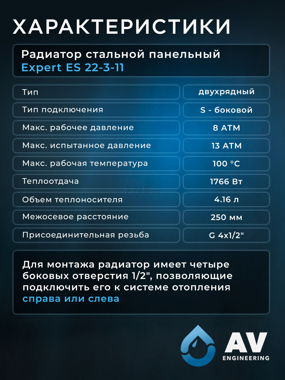 Радиатор стальной AV Engineering Expert ES 22-3-11 300х1100 мм (AVE-22311S) - Фото 8
