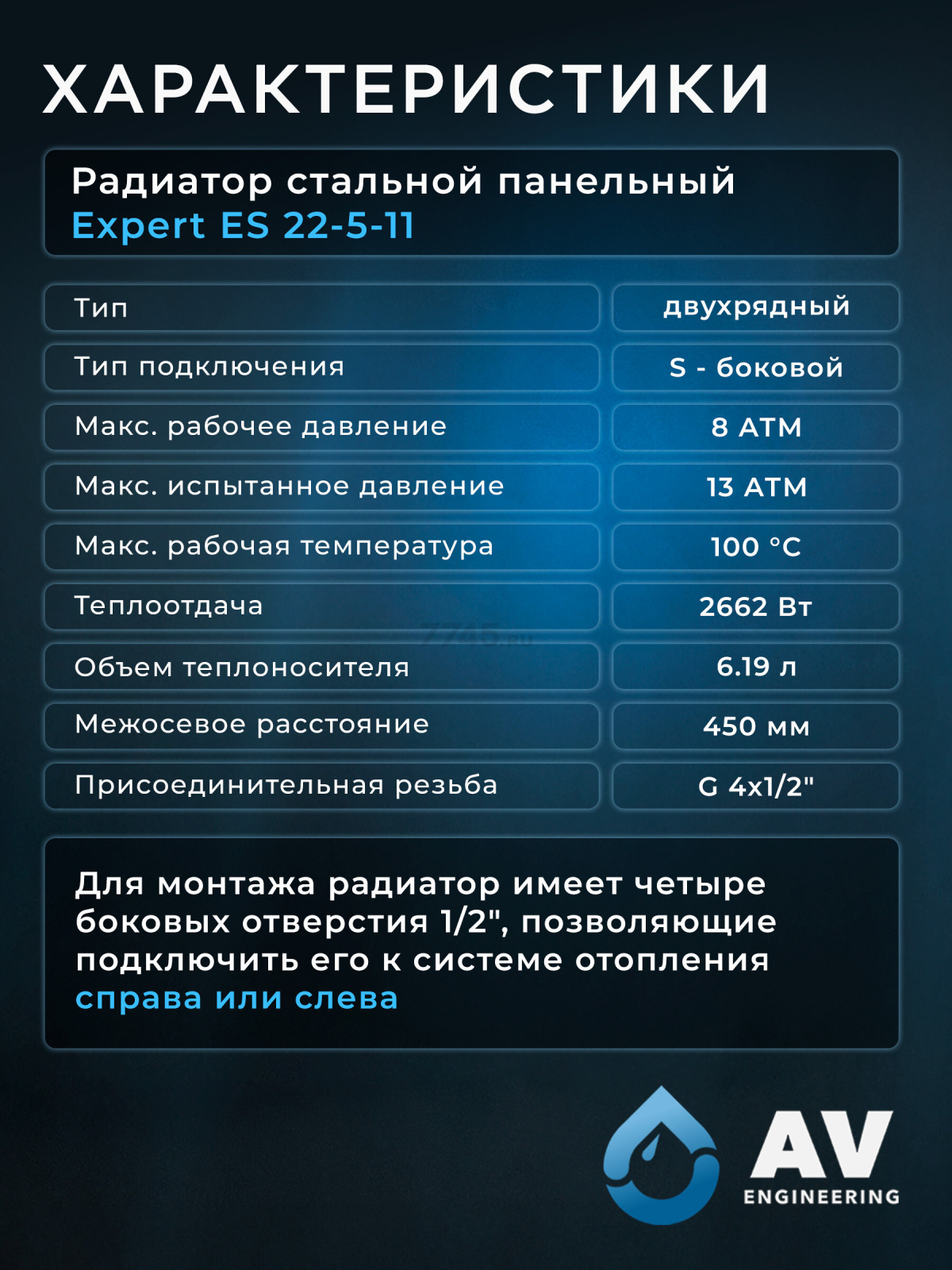 Радиатор стальной AV Engineering Expert ES 22-5-11 500х1100 мм (AVE-22511S) - Фото 8