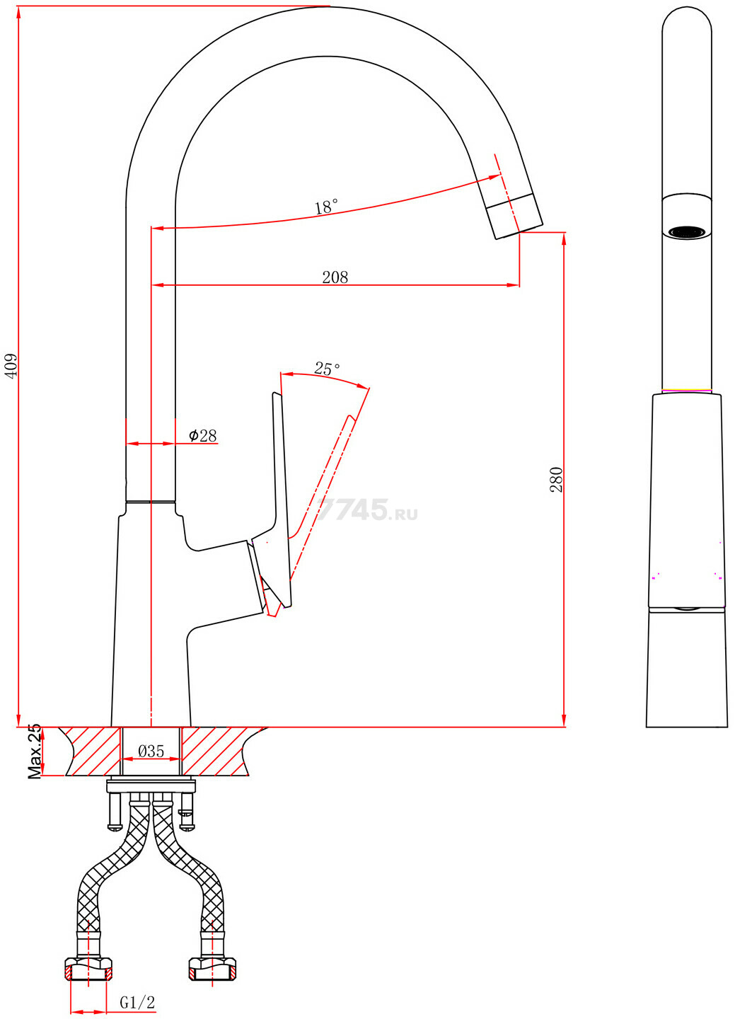 Смеситель для кухни (Lt) D35, серия Lily антрацит, A-Five (А5-1424) - Фото 2