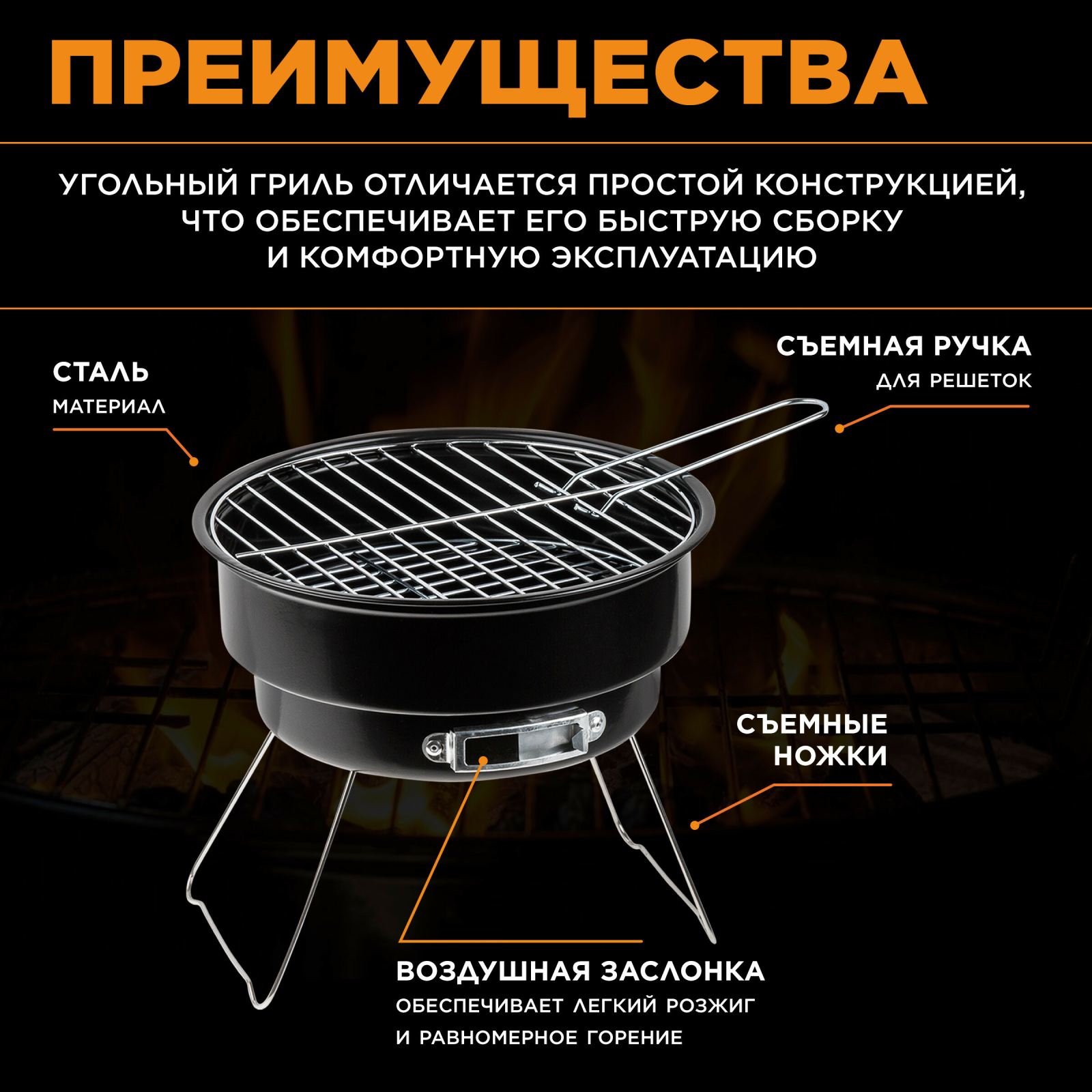 Гриль угольный ARIZONE BBQ 26,5x26,5х24 см (47-265241) - Фото 2