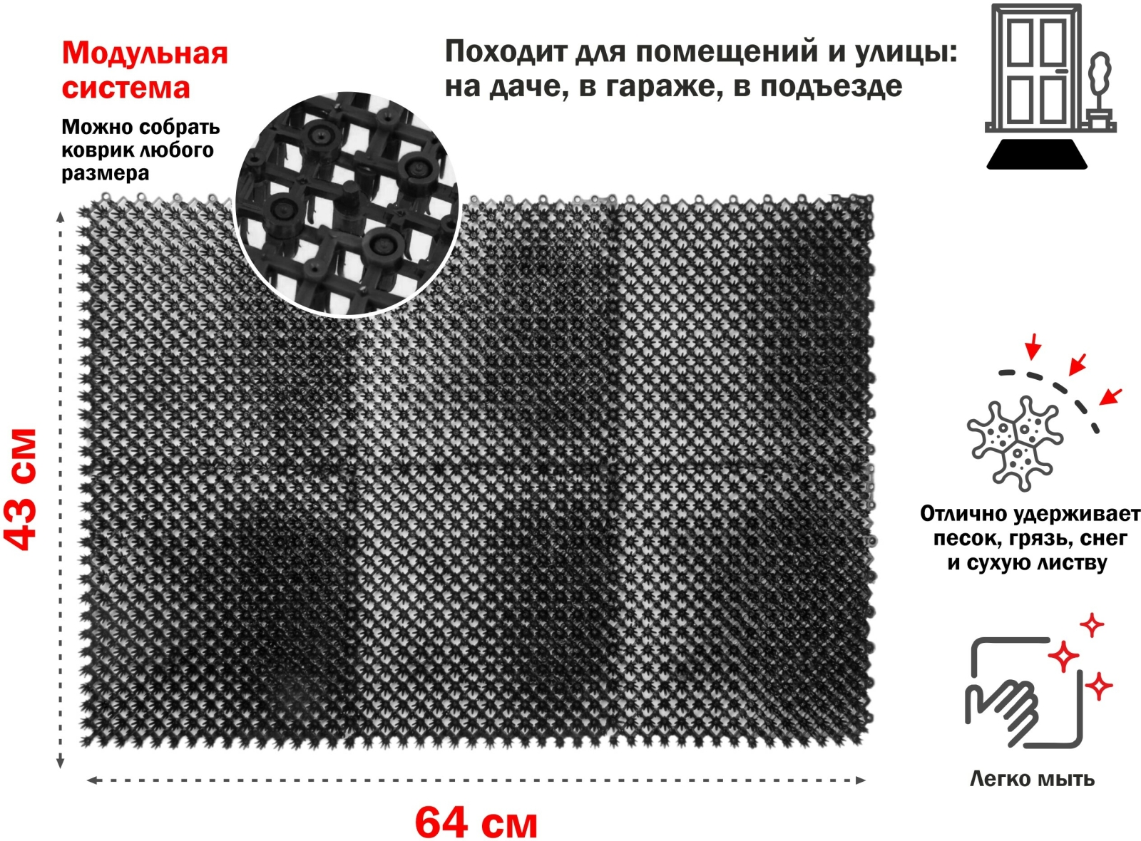 Коврик придверный полиэтиленовый 43х64 см PERFECTO LINEA Травка черный (22-436402) - Фото 2