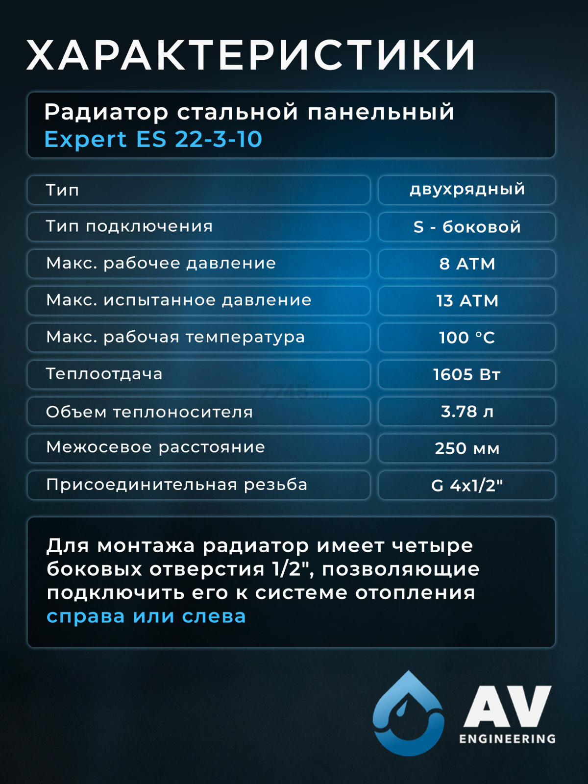 Радиатор стальной AV Engineering Expert ES 22-3-10 300х1000 мм (AVE-22310S) - Фото 8