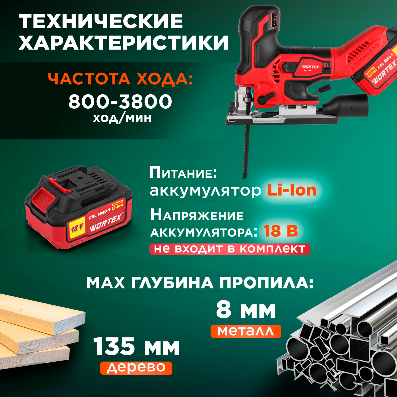 Лобзик аккумуляторный WORTEX CJS 1330 XLT SOLO (1325400) - Фото 5