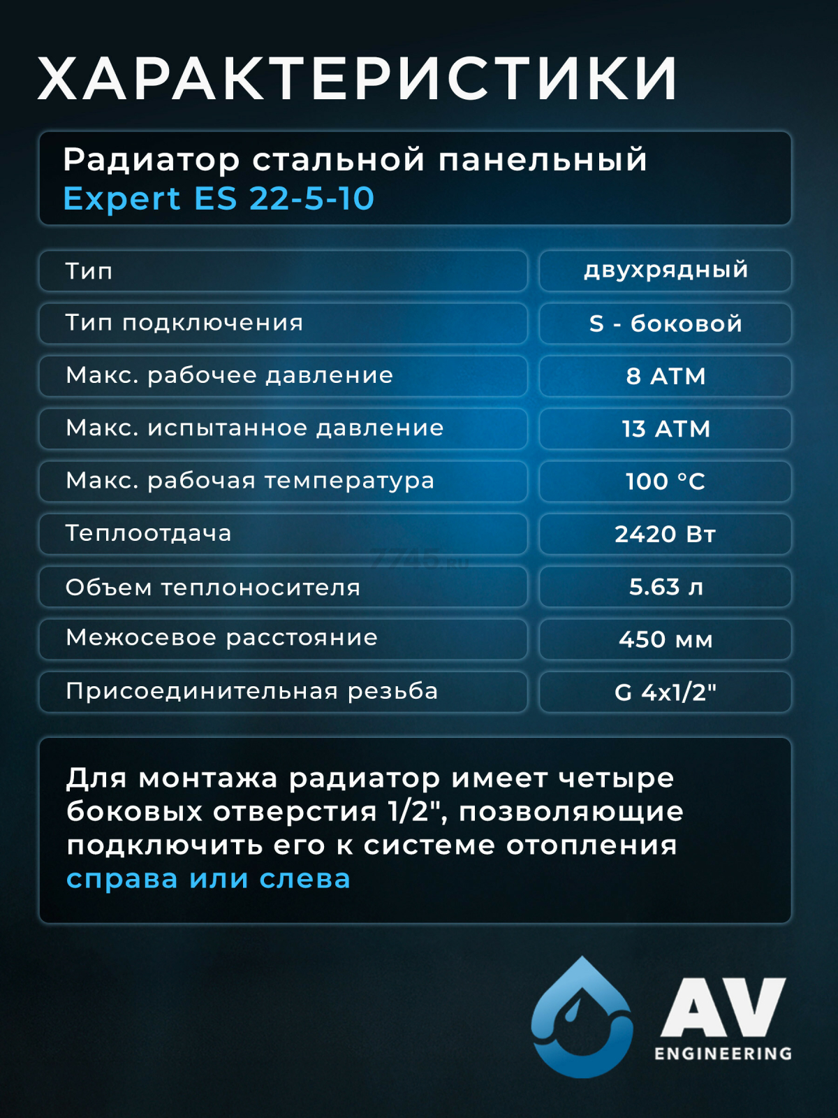 Радиатор стальной AV Engineering Expert ES 22-5-10 500х1000 мм (AVE-22510S) - Фото 7