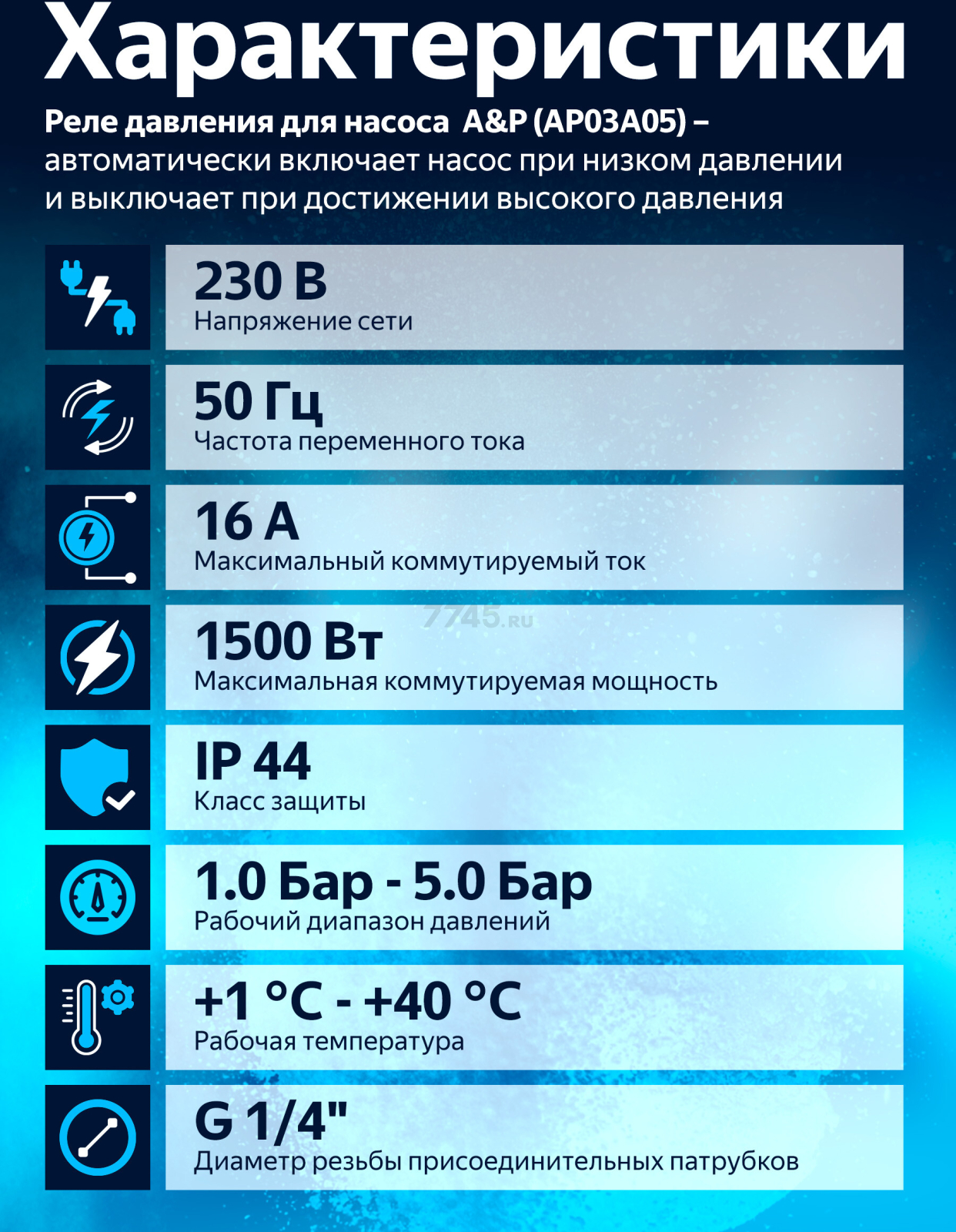 Реле давления для насоса 1/4" наружная резьба A&P (AP03A05) - Фото 2