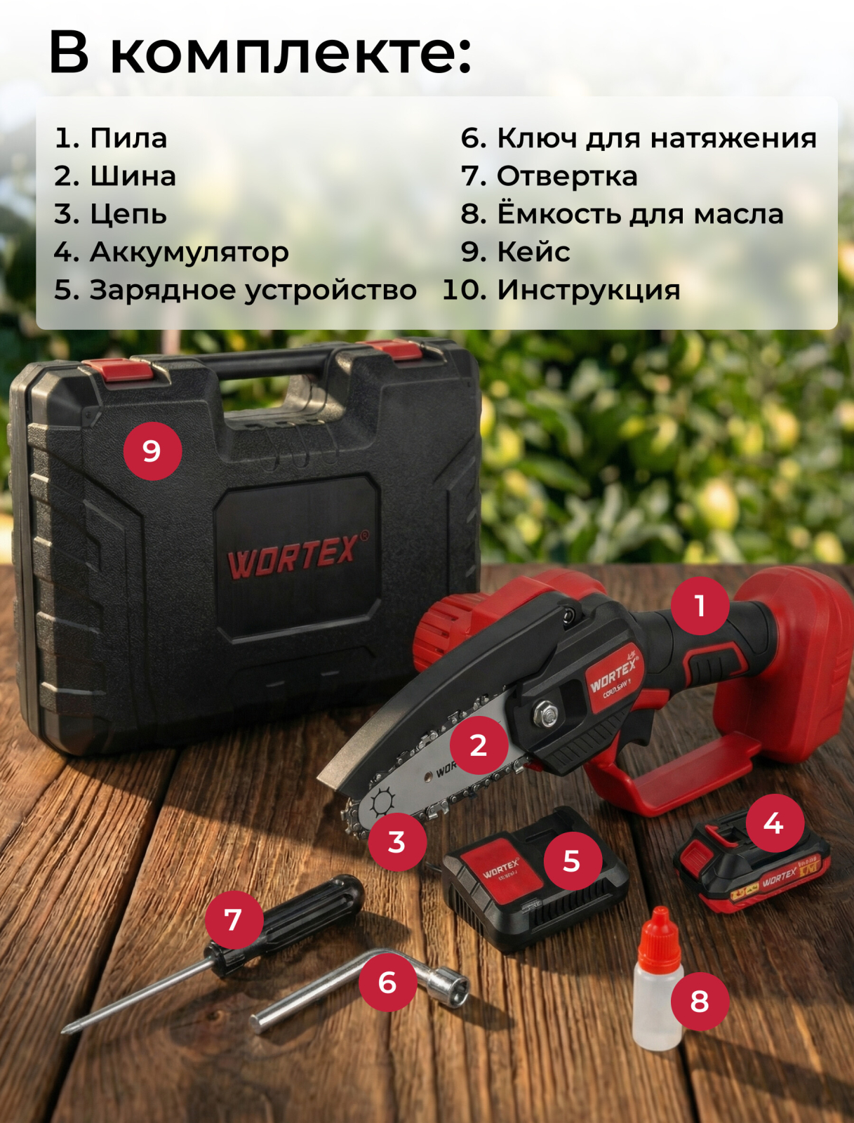 Пила цепная аккумуляторная WORTEX LX CEC 2518-1 XLT SET (1329493) - Фото 12