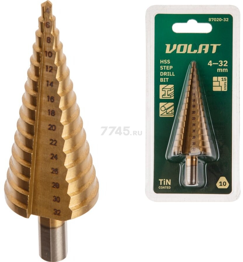 Сверло по металлу ступенчатое 4-32 мм ВОЛАТ HSS TiN (87020-32)