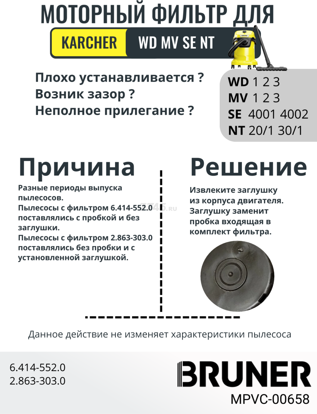 Фильтр моторный HEPA для пылесосов Karcher серии WD 1,2,3 MV 1,2,3 SE 4001,4002 NT20/1, 30/1 BRUNER (MPVC-00658) - Фото 2