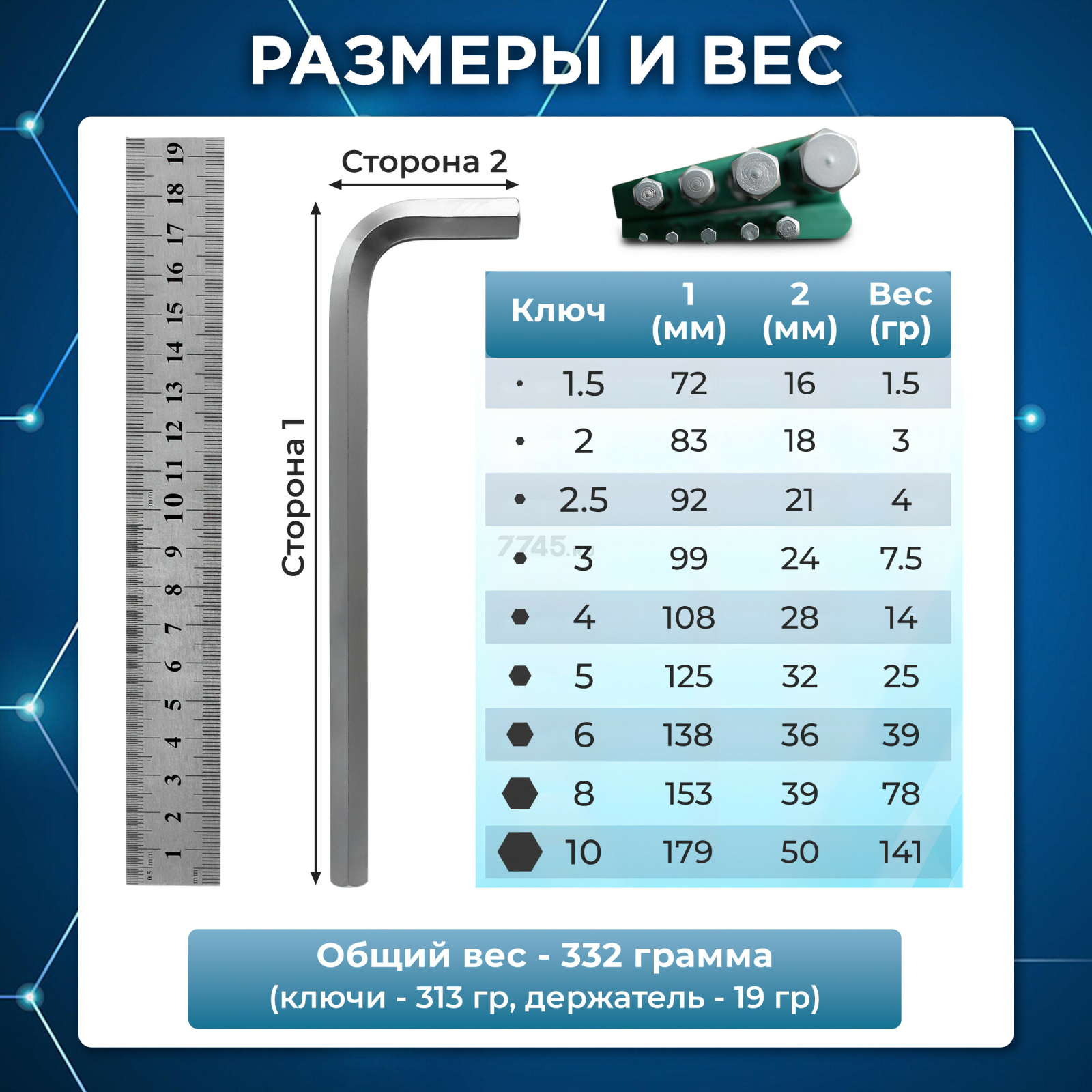 Набор ключей шестигранных 1,5-10 мм 9 предметов длинных ВОЛАТ (11010-09) - Фото 3