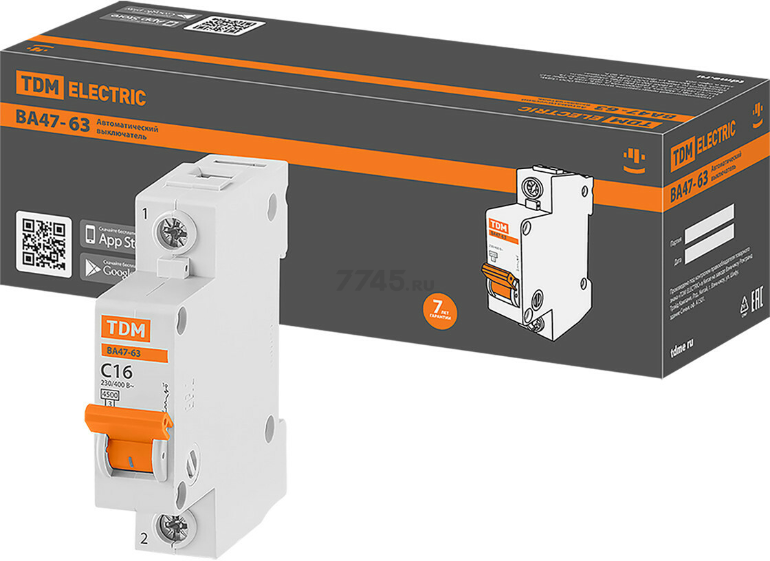Автоматический выключатель TDM ВА47-63 1Р 16А С 4,5кА (SQ0218-0003)