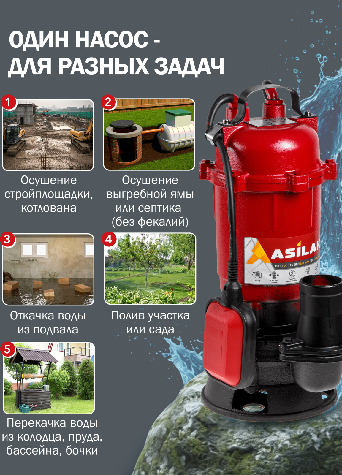 Насос дренажный ASILAK SLP-1500 (AS4410-1) - Фото 3